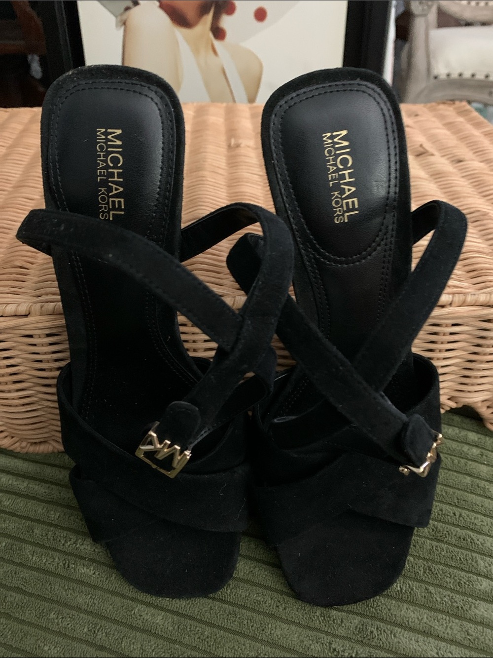 Michael Kors Black Suede Crisscross Block Heel Sandals with Gold MK Buckle - Picture 3 of 4